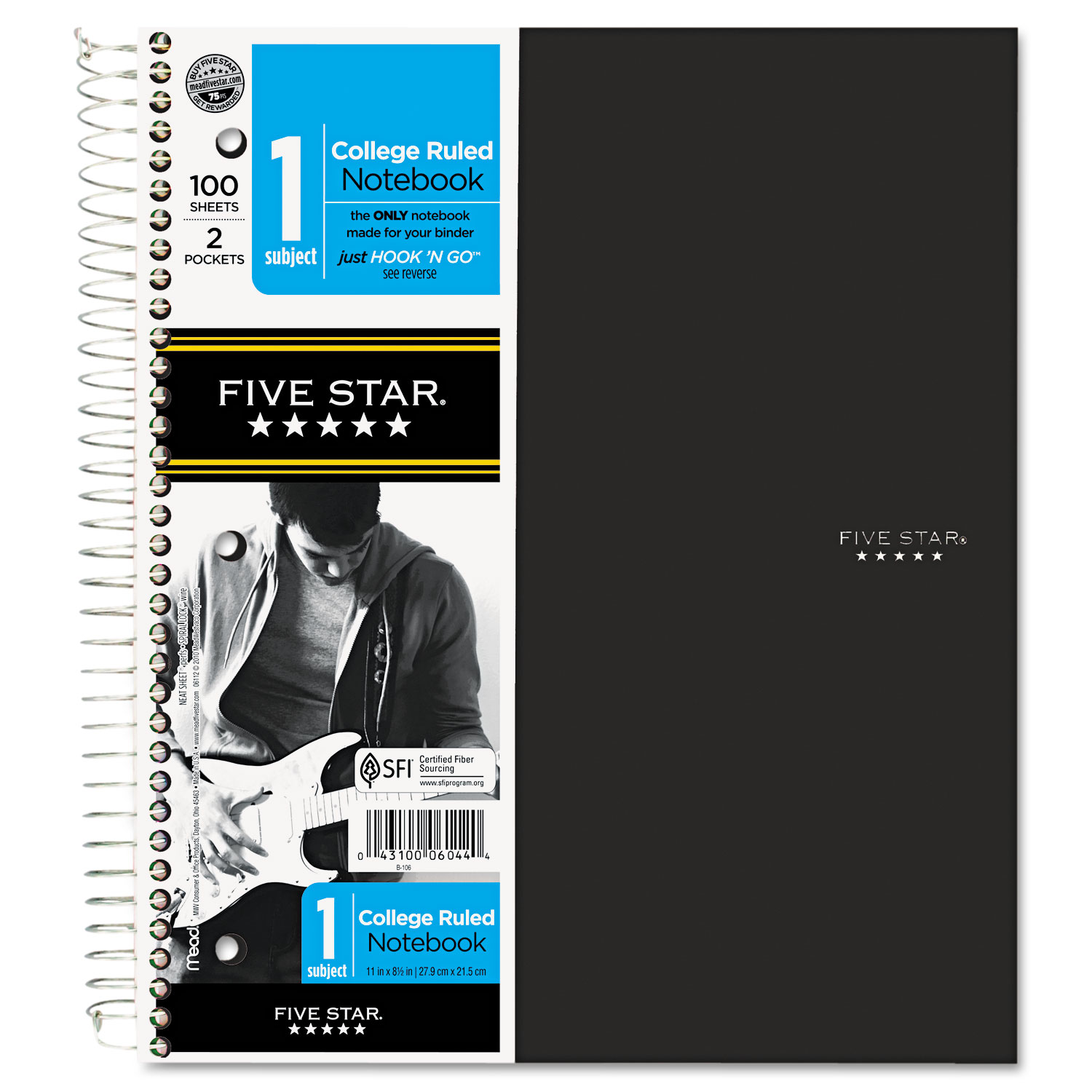 Wirebound Notebook, College Rule, 11 x 8 1/2, 100 Sheets, Black