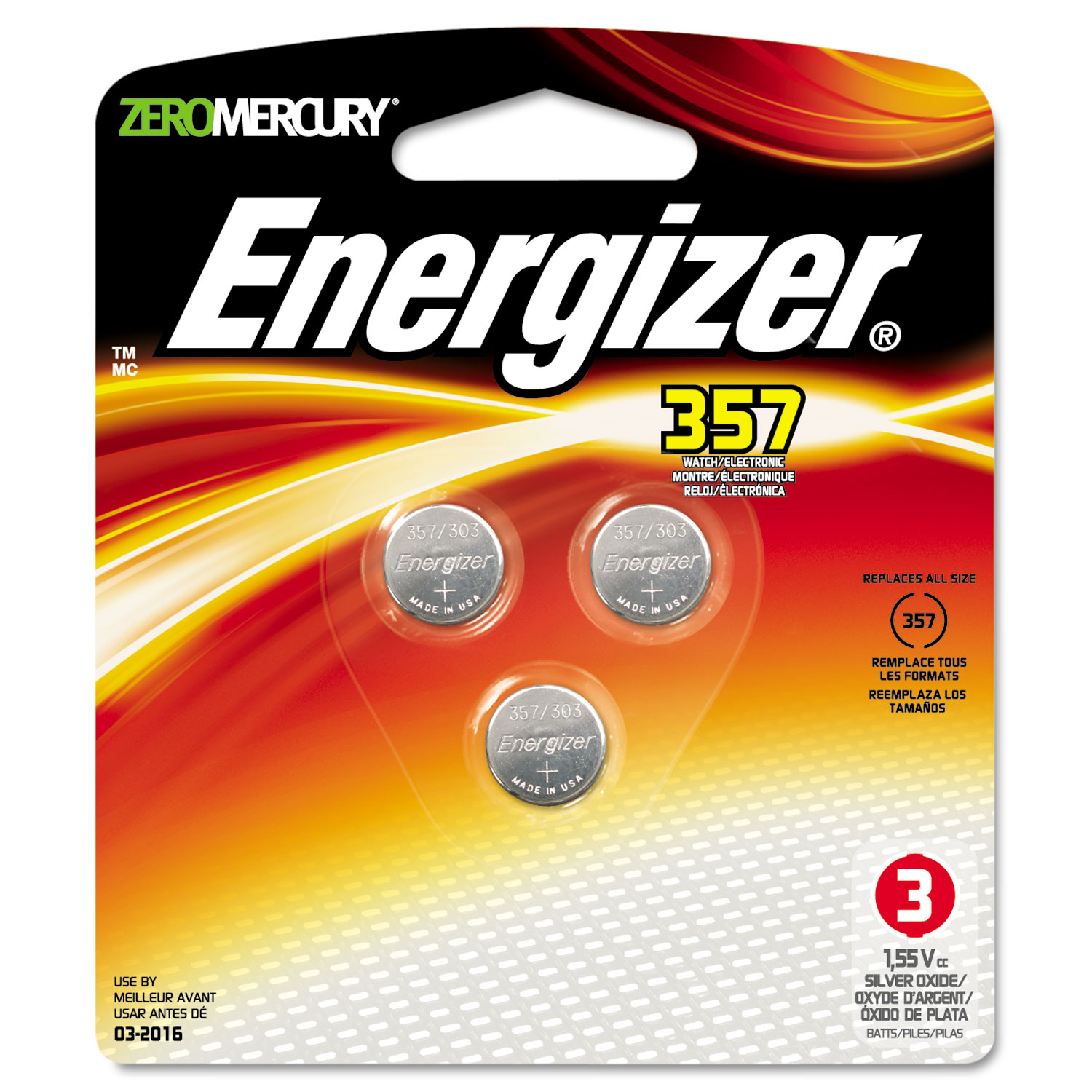 357/303 Silver Oxide Button Cell Battery, 1.5V, 3/Pack