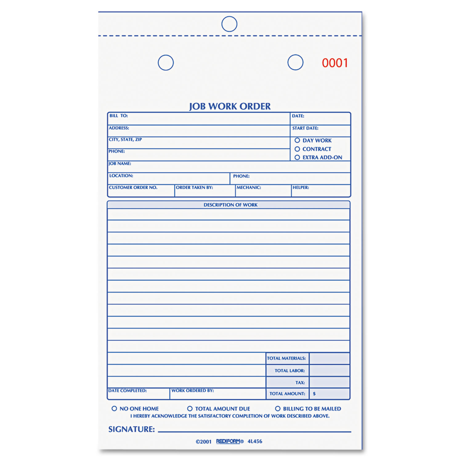  Rediform 4L456 Job Work Order Book, 5 1/2 x 8 1/2, Two Part Carbonless, 50/Book (RED4L456) 