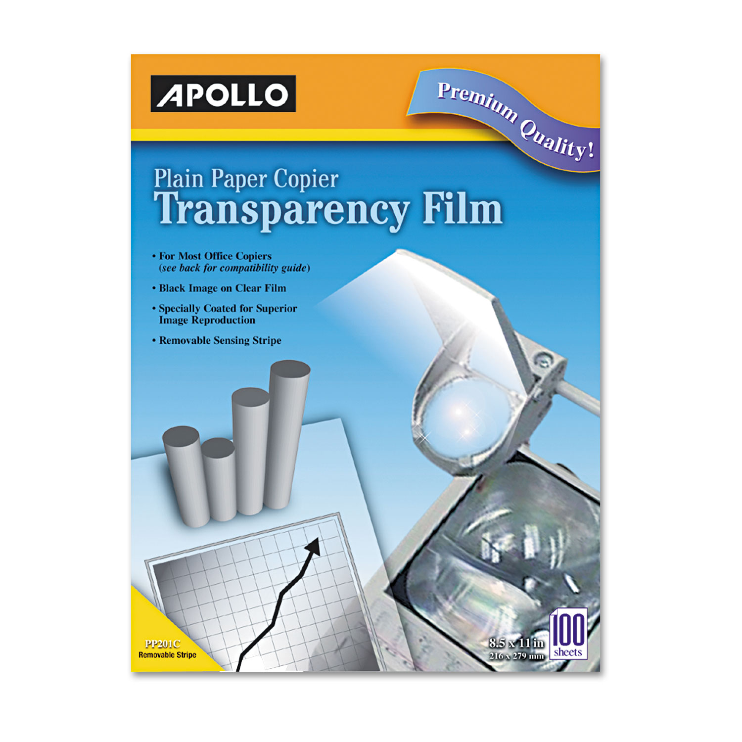 Apollo VPP201CE-A Plain Paper B/W Laser Transparency Film w/Handling Strip, Letter, Clear, 100/Box (APOPP201C) 