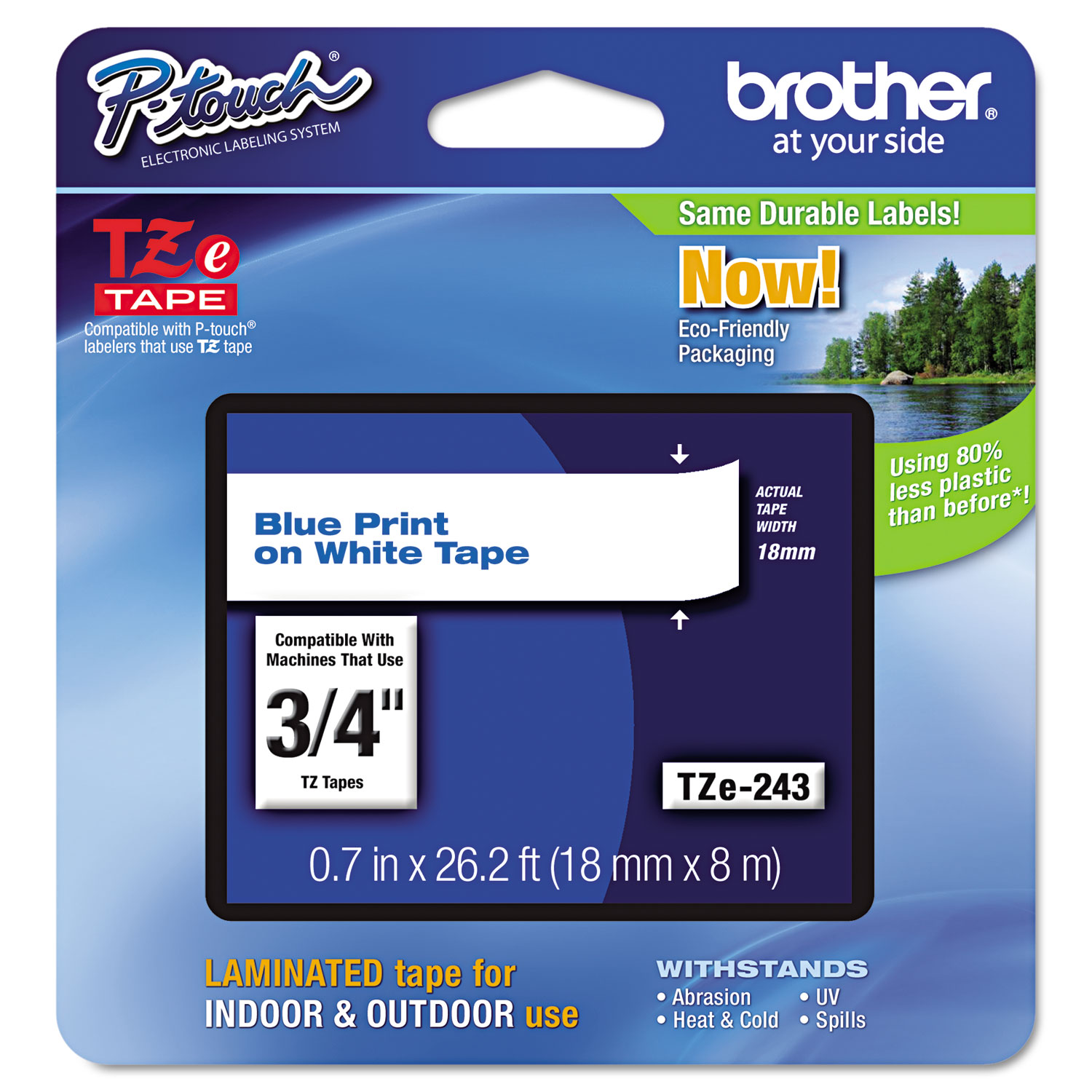  Brother P-Touch TZE243 TZe Standard Adhesive Laminated Labeling Tape, 0.7 x 26.2 ft, Blue on White (BRTTZE243) 