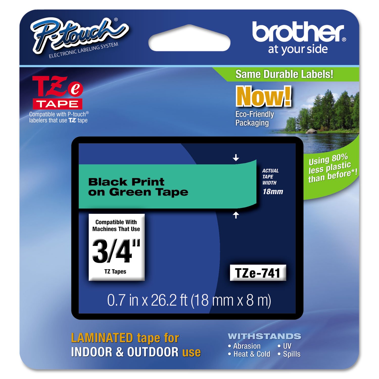  Brother P-Touch TZE741 TZe Standard Adhesive Laminated Labeling Tape, 0.7 x 26.2 ft, Black on Green (BRTTZE741) 
