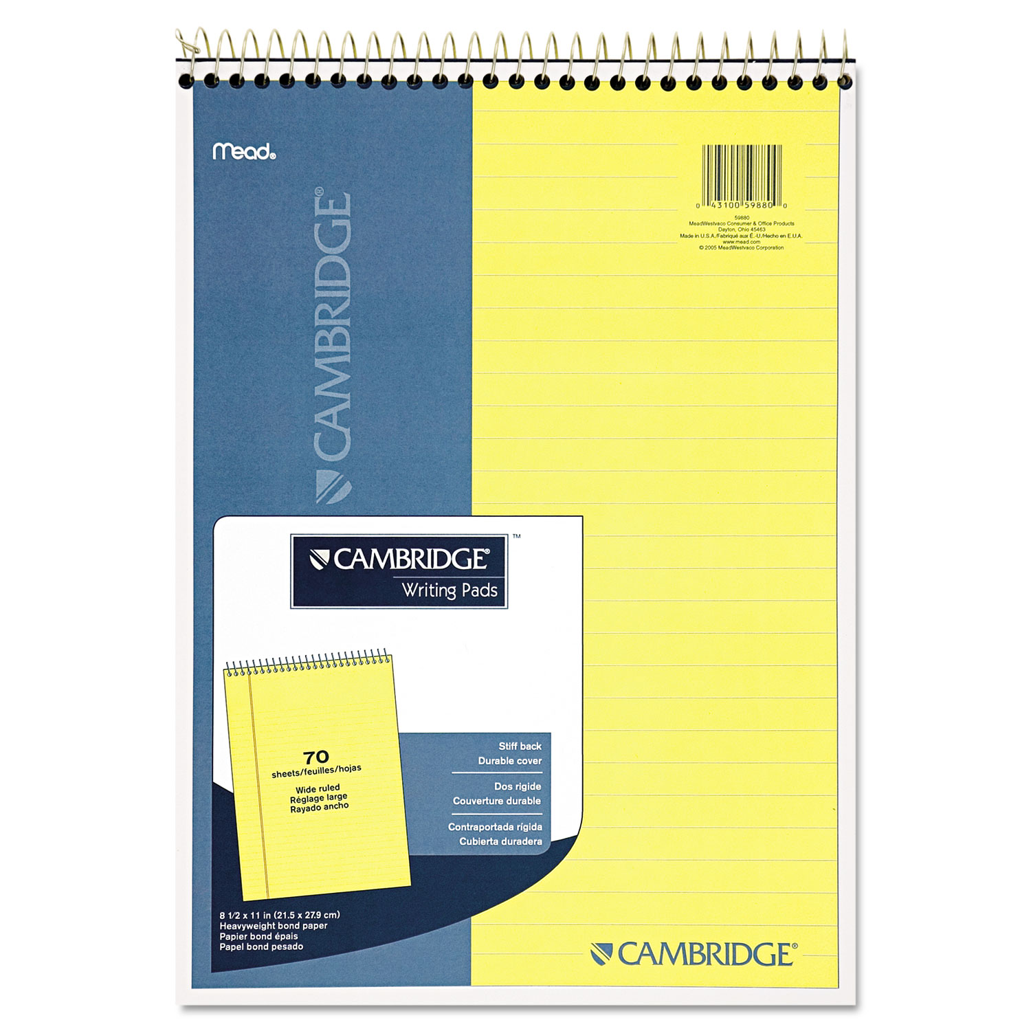 Cambridge 59880 Stiff-Back Wire Bound Notebook, 1 Subject, Wide/Legal Rule, Canary/Blue Cover, 8.5 x 11.5, 70 Sheets (MEA59880) 
