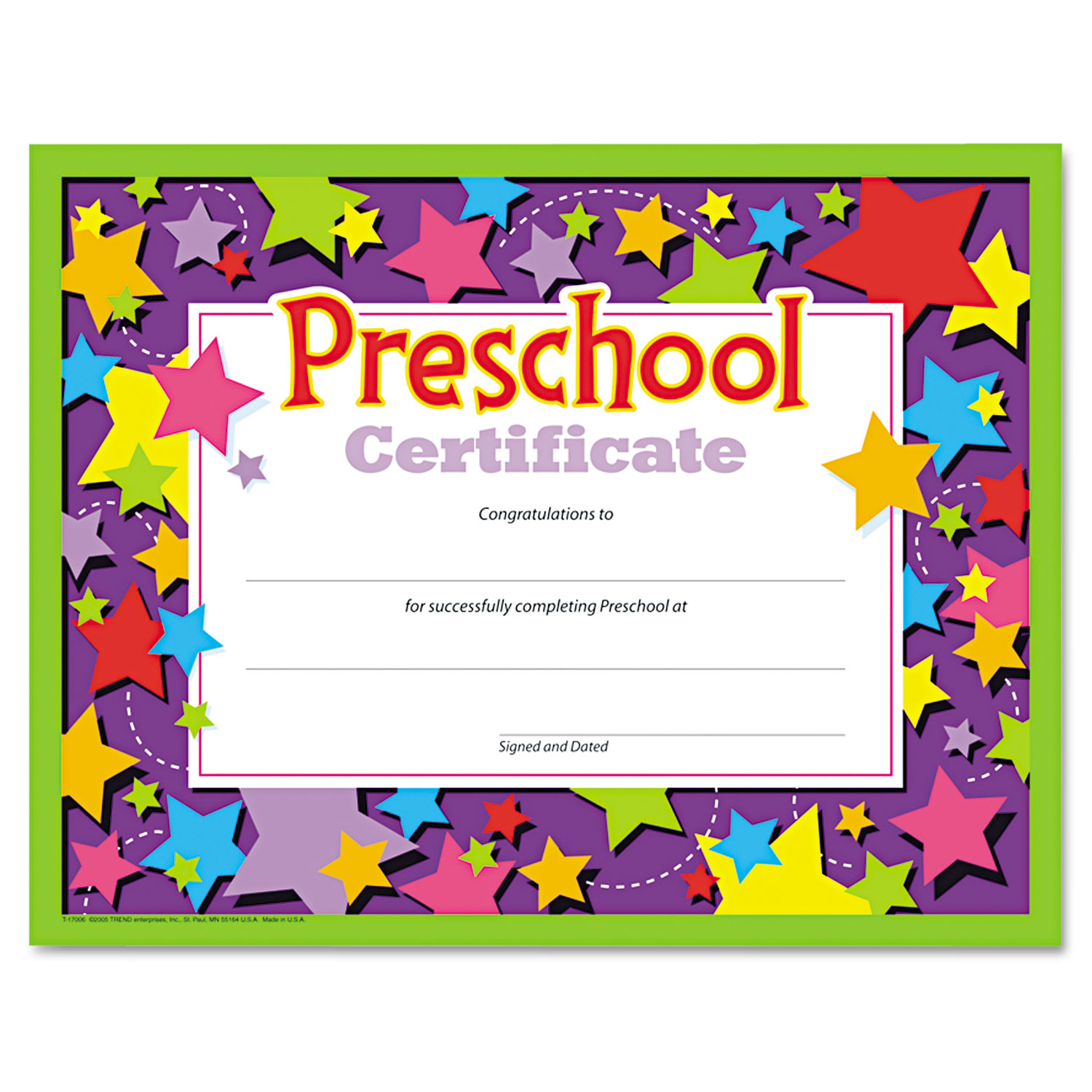 Colorful Classic Certificates, Preschool Diploma, 11 x 8.5, Horizontal  Orientation, Assorted Colors, 30/Pack - The Complete Line, LLC