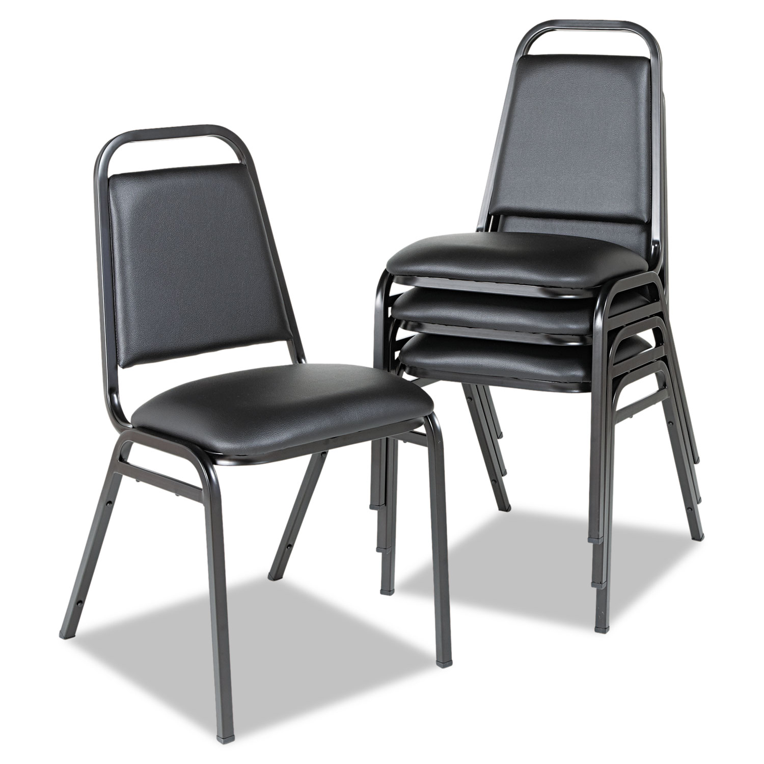 Padded Steel Stack Chair w/Square Back, Black Vinyl, Black Frame, 4/Carton