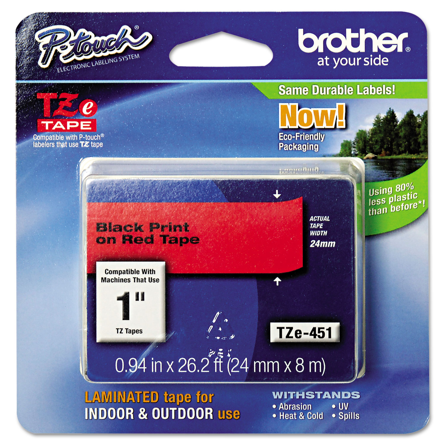  Brother P-Touch TZE451 TZe Standard Adhesive Laminated Labeling Tape, 0.94 x 26.2 ft, Black on Red (BRTTZE451) 