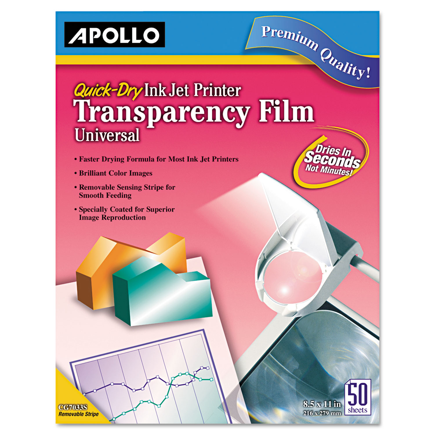 Quick-Dry Color Inkjet Transparency Film w/Handling Strip, Letter, Clear, 50/Box
