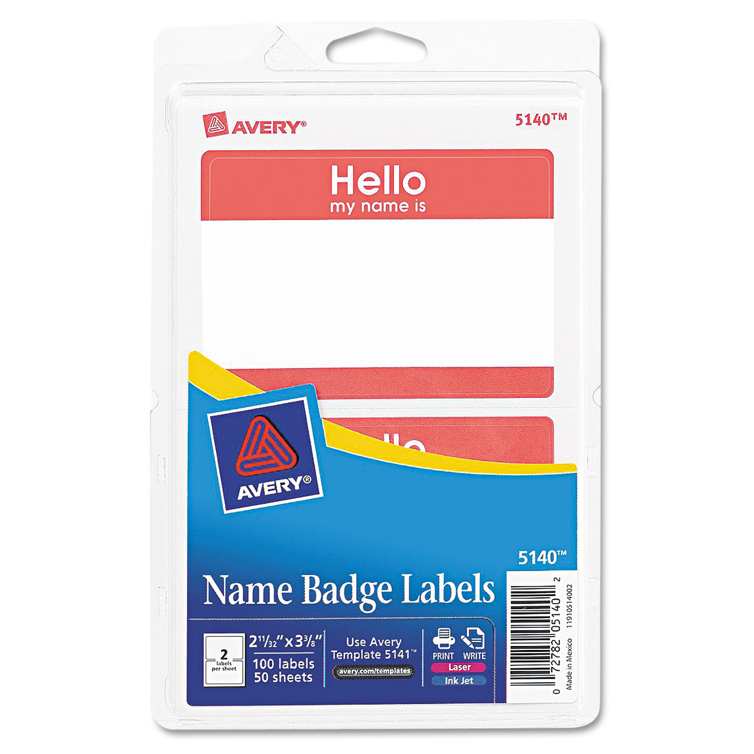 Avery® Printable Self-Adhesive Name Badges, 2 1/3 x 3 3/8, Red Hello, 100/Pack