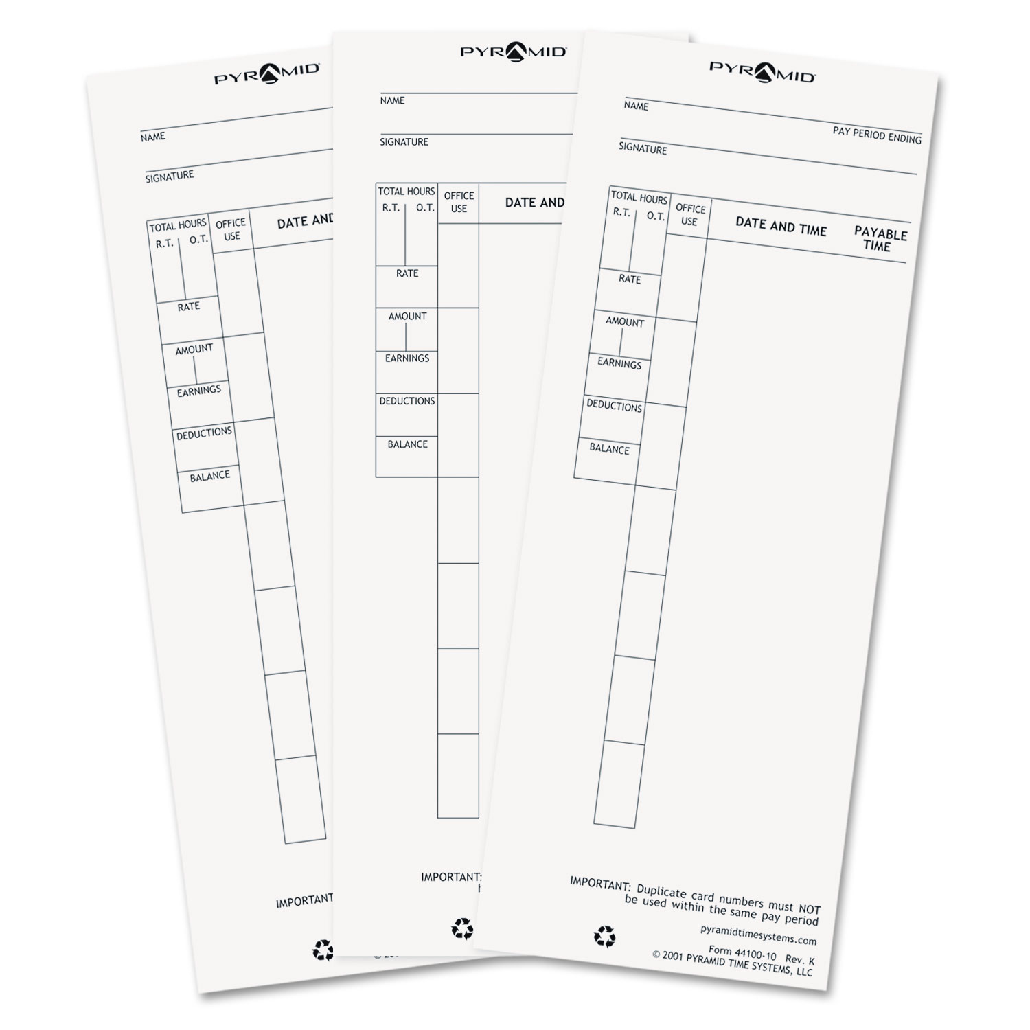 Pyramid Technologies Time Card for Model 4000 Payroll Recorder, 3-1/2 x 8-1/2, 100/Pack