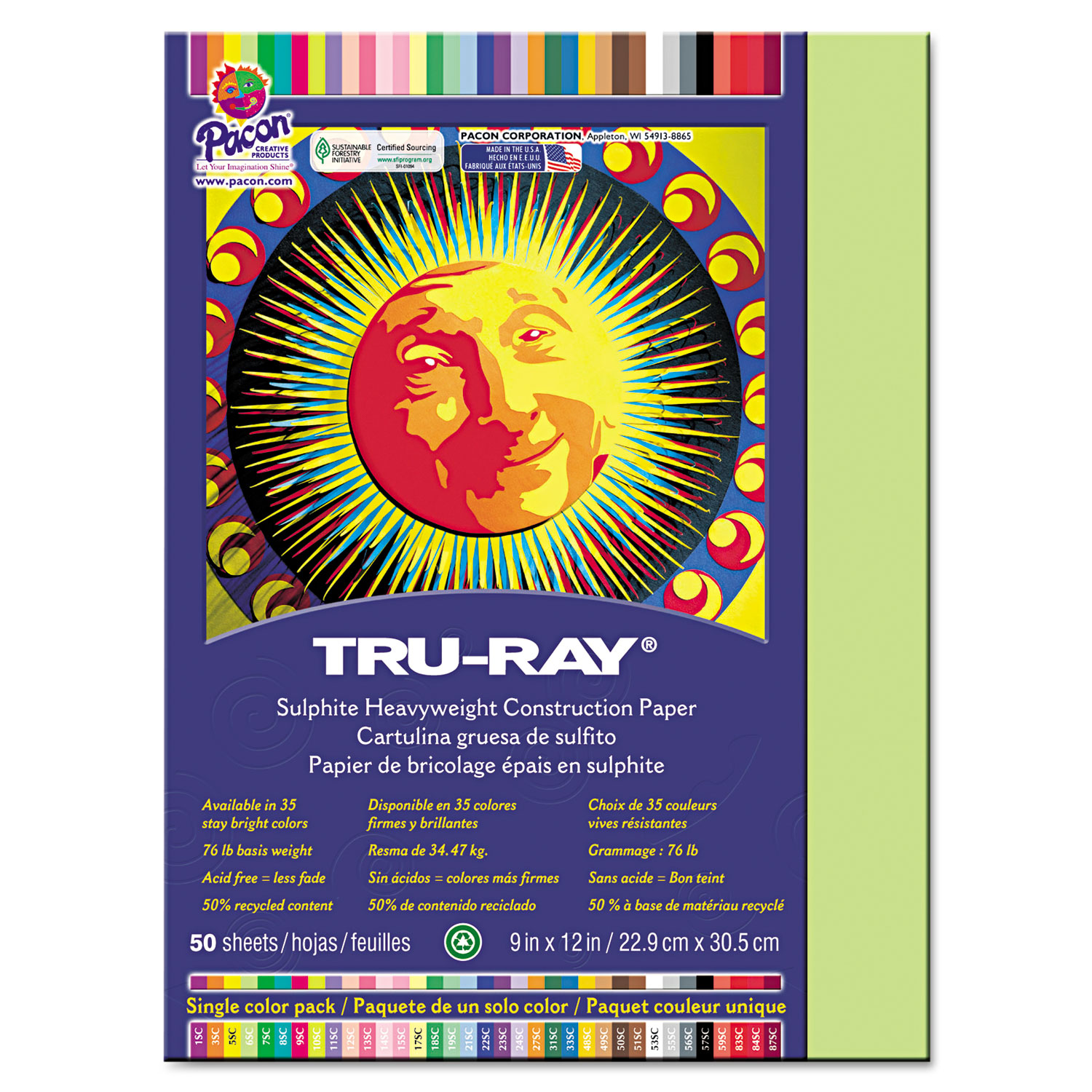 Tru-Ray Construction Paper, 76 lbs., 9 x 12, Chartreuse, 50 Sheets/Pack