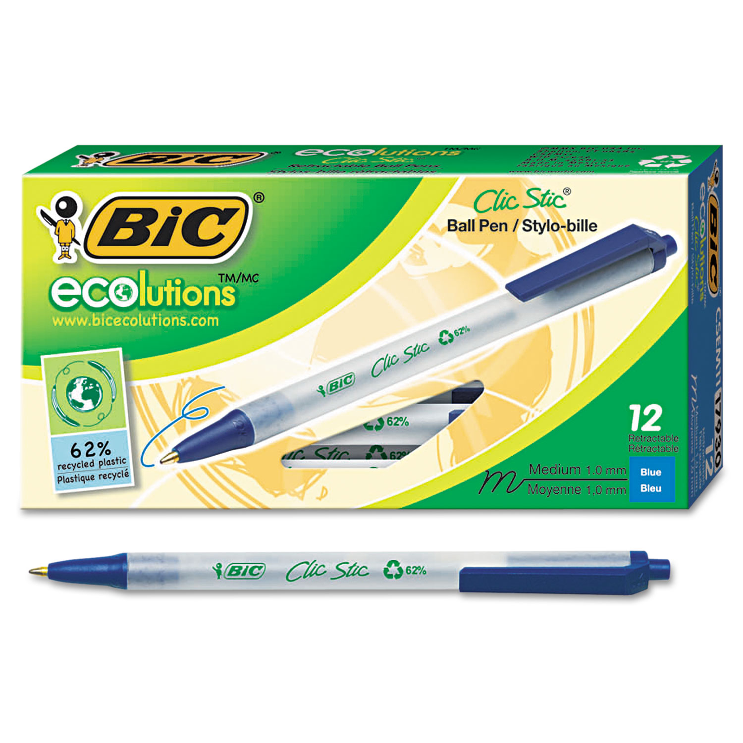  BIC CSEM11-BE Ecolutions Clic Stic Retractable Ballpoint Pen, 1mm, Blue Ink, Clear Barrel, Dozen (BICCSEM11BE) 