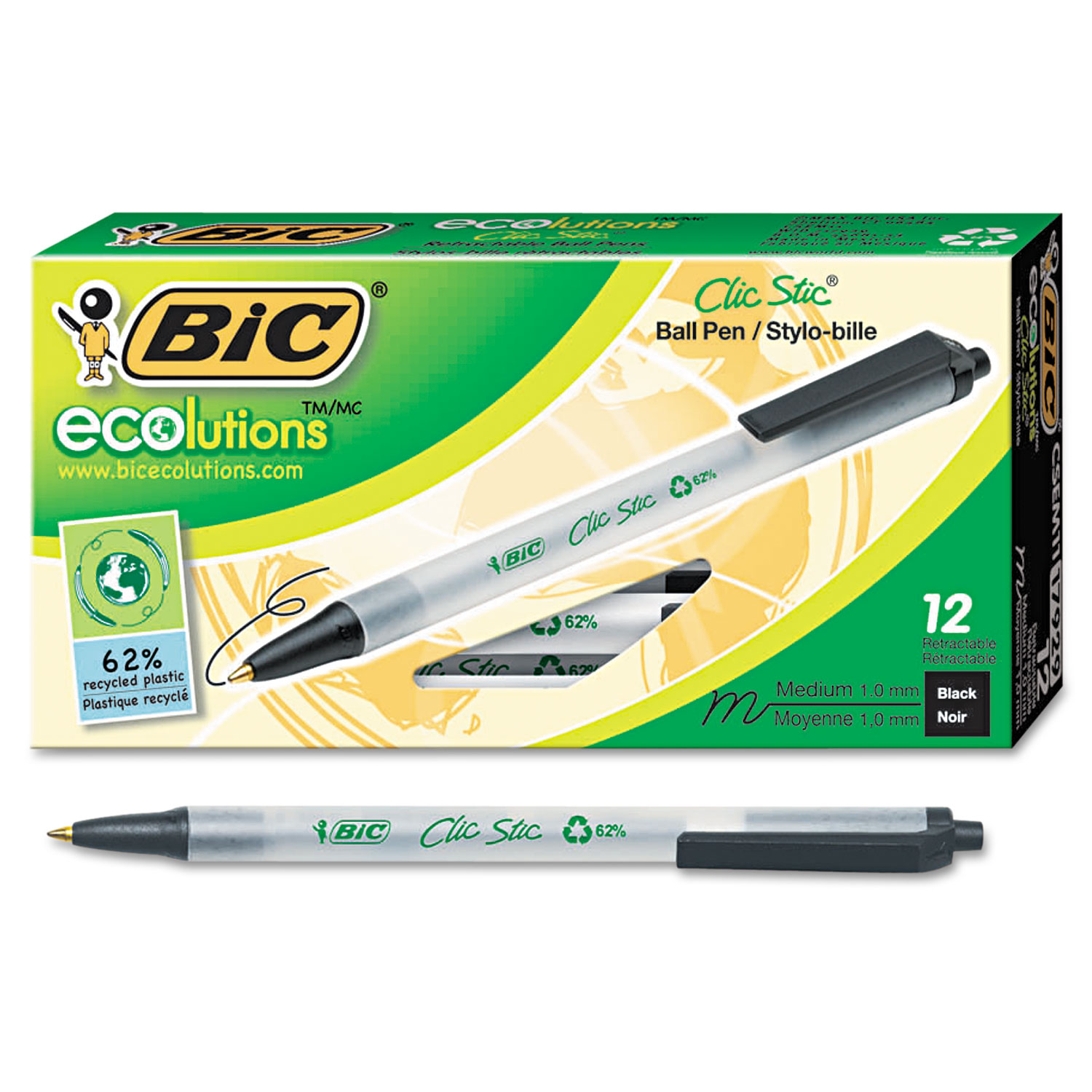  BIC CSEM11-BK Ecolutions Clic Stic Retractable Ballpoint Pen, 1mm, Black Ink, Clear Barrel, Dozen (BICCSEM11BK) 