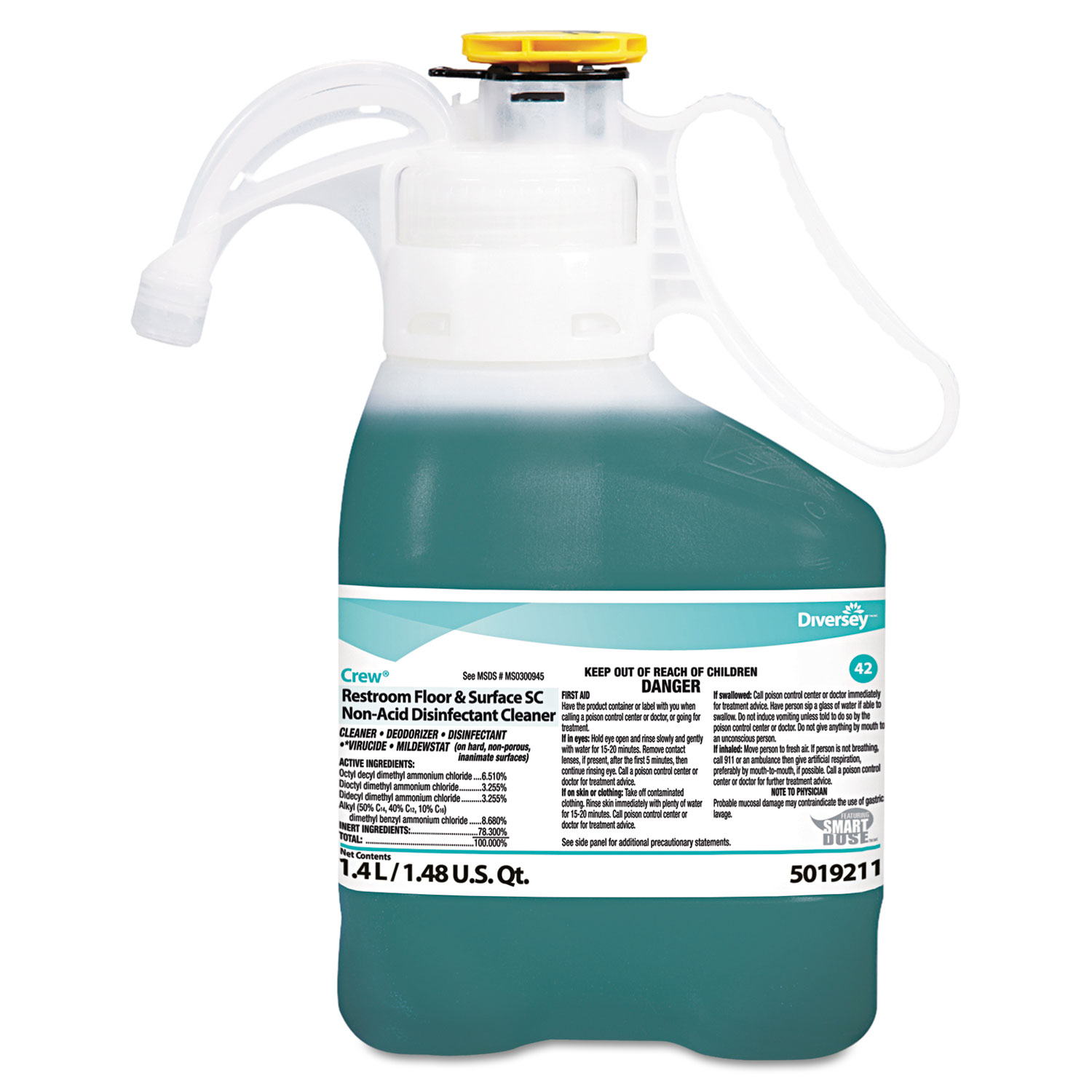  Diversey 5019211 Crew Restroom Floor/Surface Non-Acid Disinfectant Cleaner, 1.4L Bottle, 2/CT (DVO5019211) 