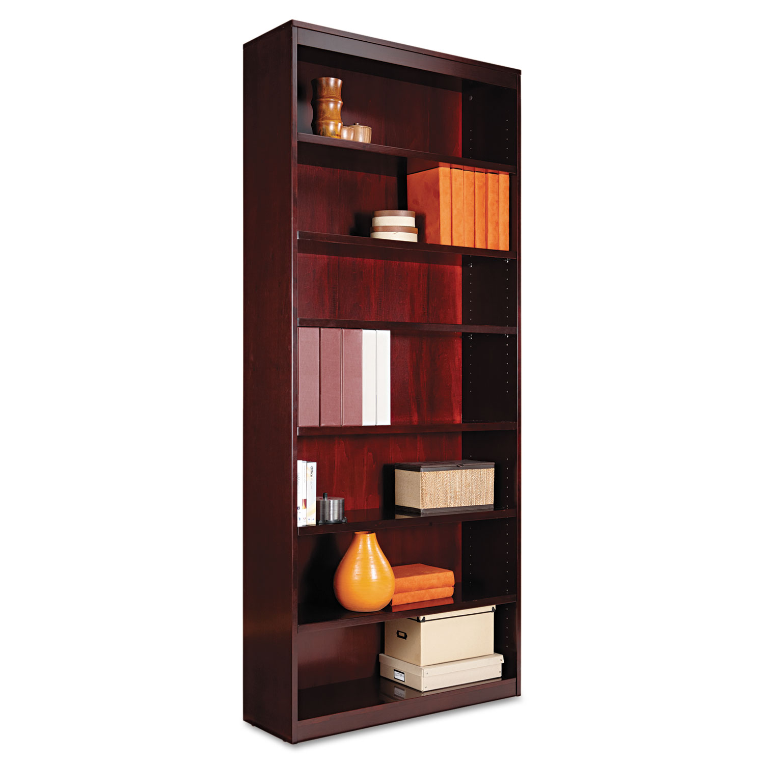 Square Corner Wood Veneer Bookcase, Seven-Shelf, 35-5/8 x 11-3/4 x 84, Mahogany
