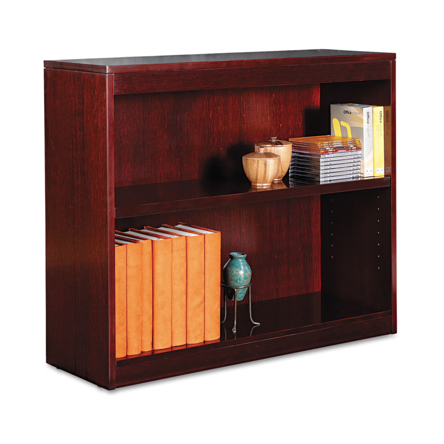 Square Corner Wood Veneer Bookcase, Two-Shelf, 35-5/8w x 11-3/4d x 30h, Mahogany
