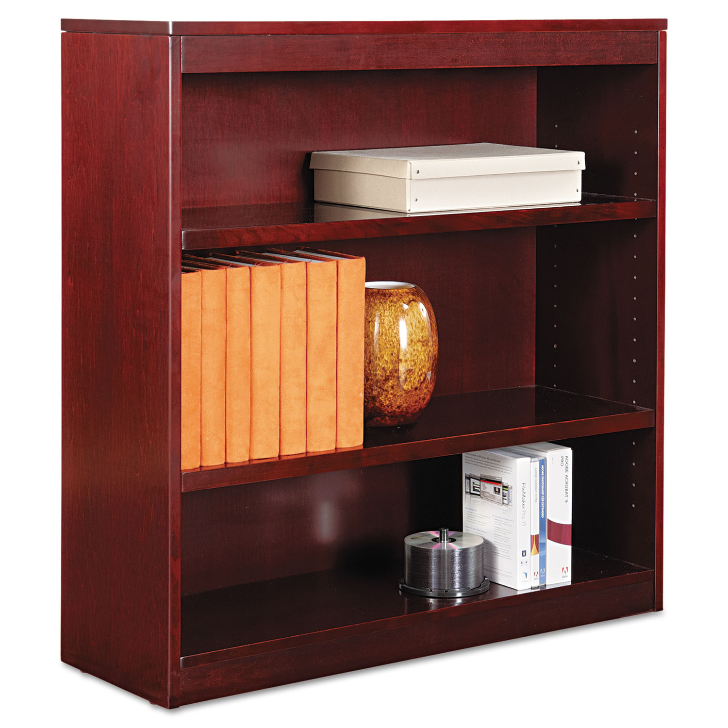 Square Corner Wood Veneer Bookcase, Three-Shelf, 35-5/8 x 11-3/4 x 36, Mahogany