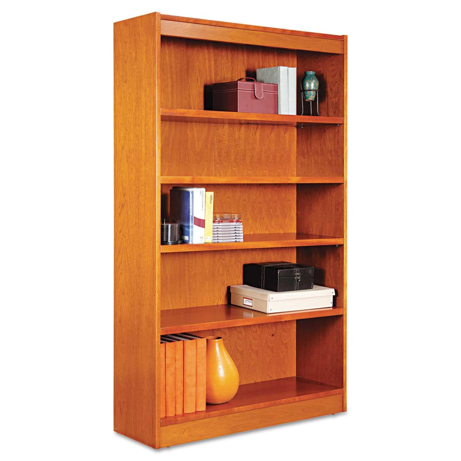 Square Corner Wood Bookcase, Five-Shelf, 35-5/8w x 11-3/4d x 60h, Medium Cherry