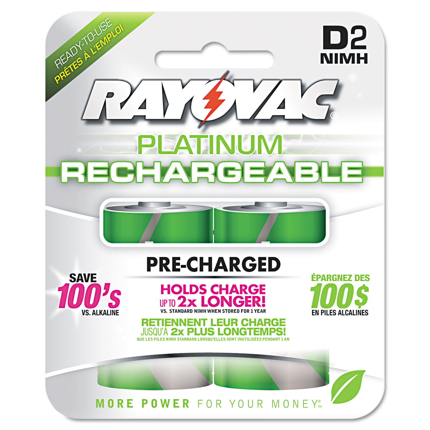 Recharge Plus NiMH Batteries, D, 2/Pack