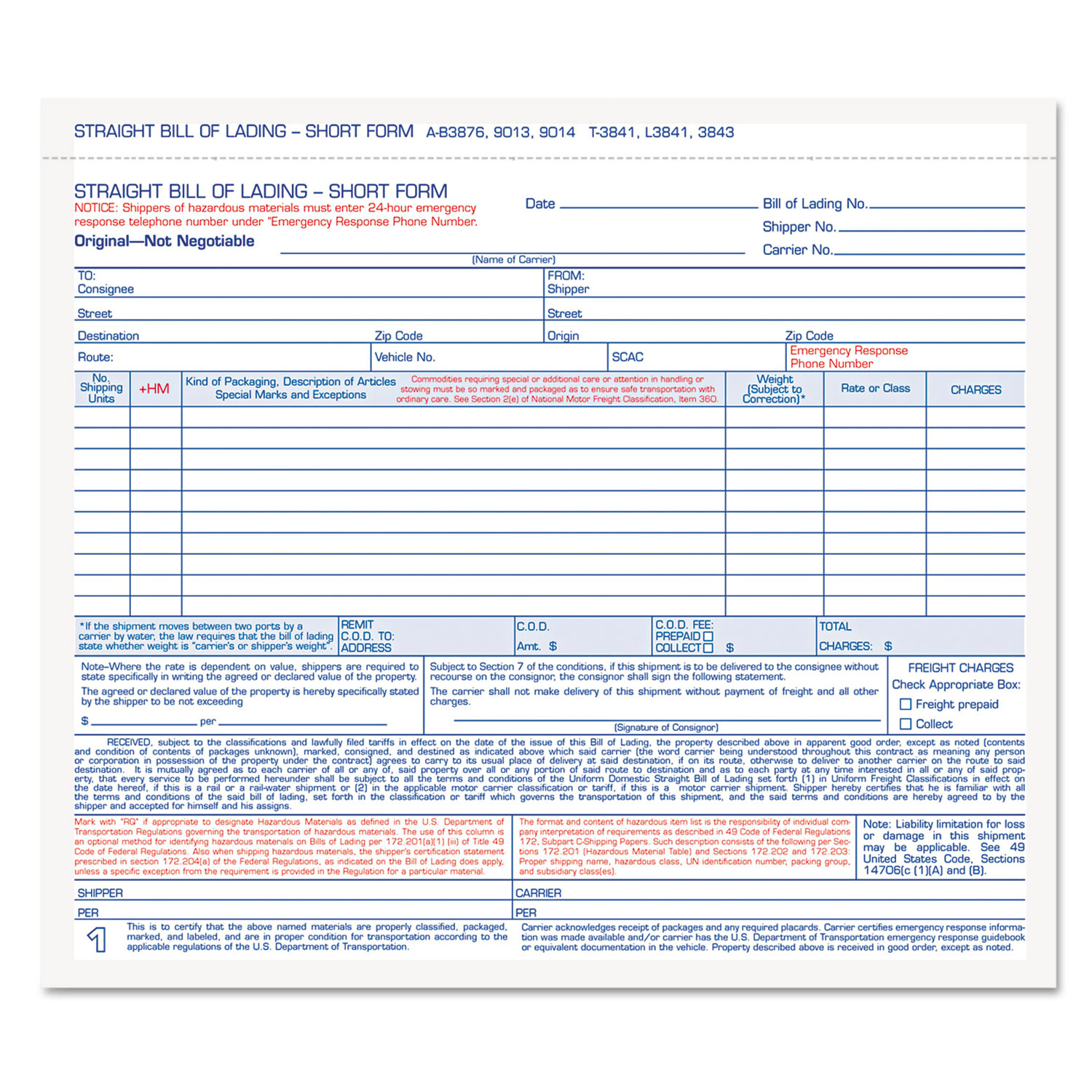 Hazardous Material Short Form, 7 x 8 1/2, Three-Part Carbonless, 250 Forms