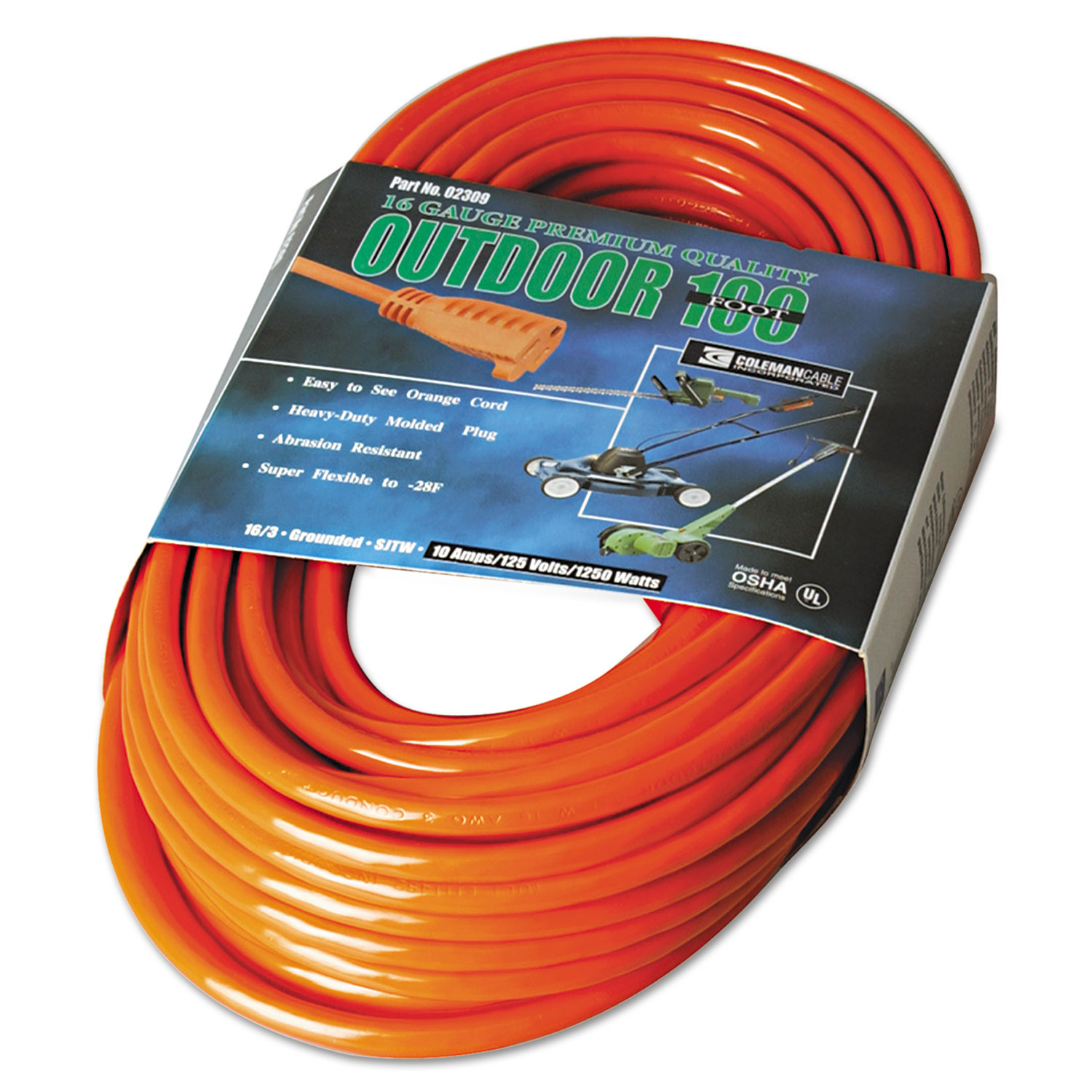 Vinyl Extension Cord, 100ft, AWG 16/3, SJTW-A, Orange