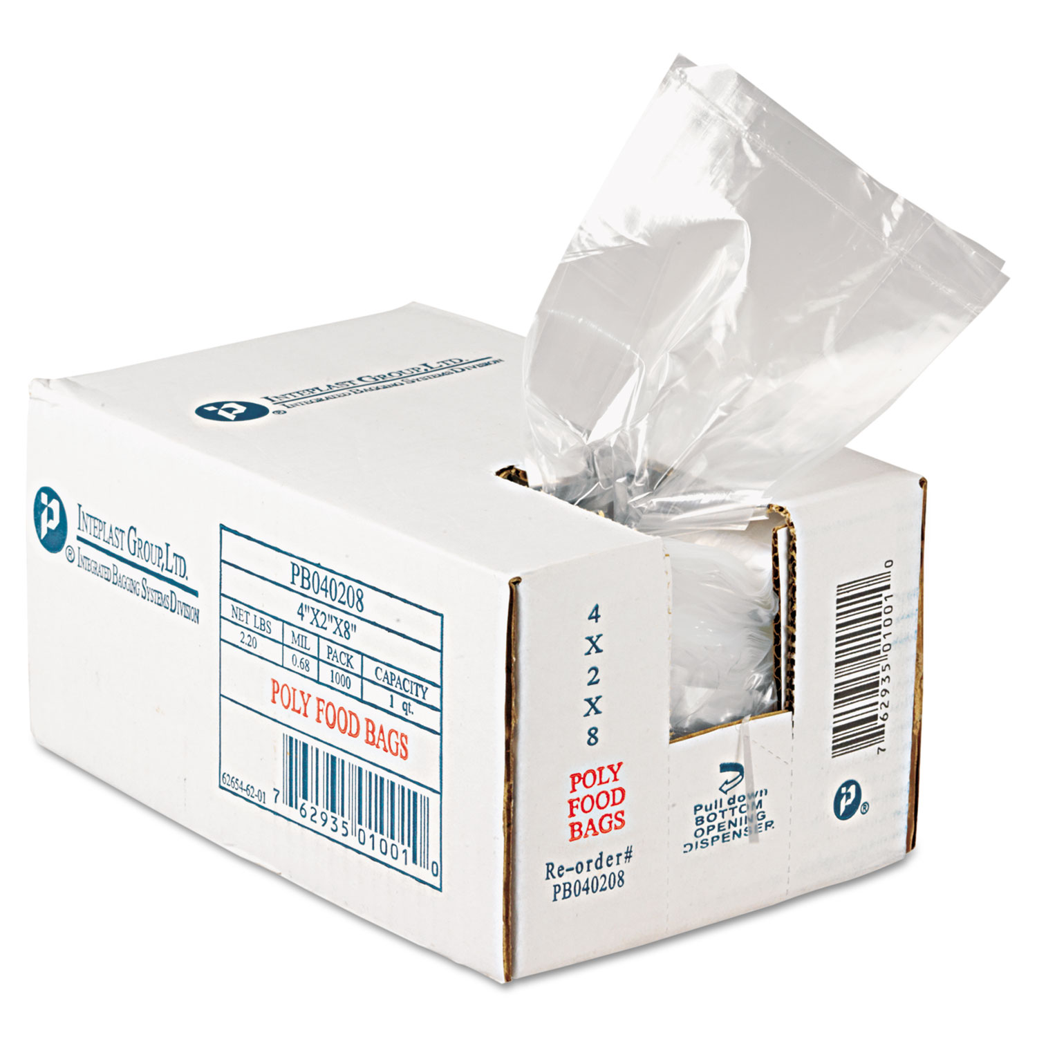  Inteplast Group PB040208 Food Bags, 16 oz, 0.68 mil, 4 x 8, Clear, 1,000/Carton (IBSPB040208) 