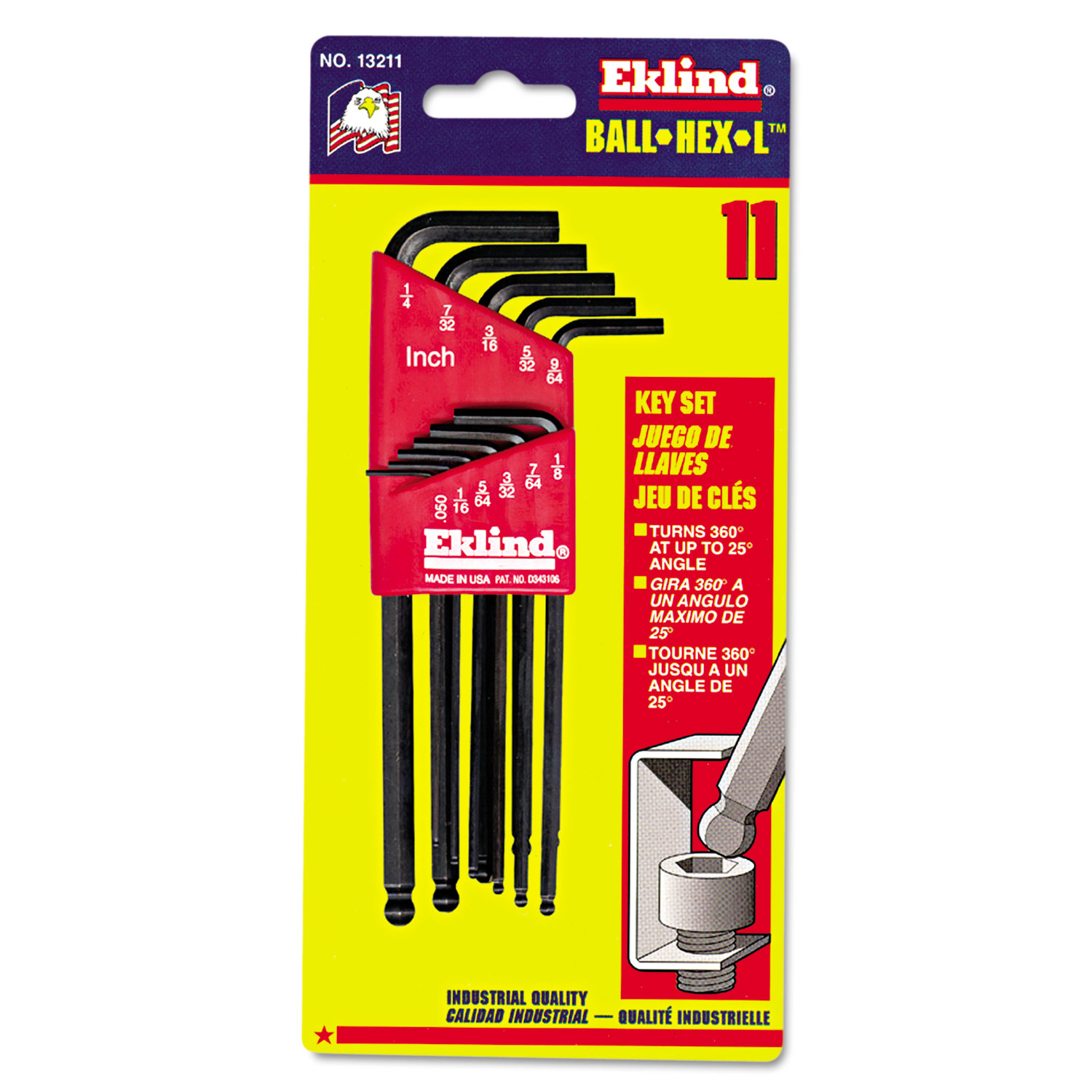 11-Piece Ball-Hex-L Key Set, SAE, .050-1/4