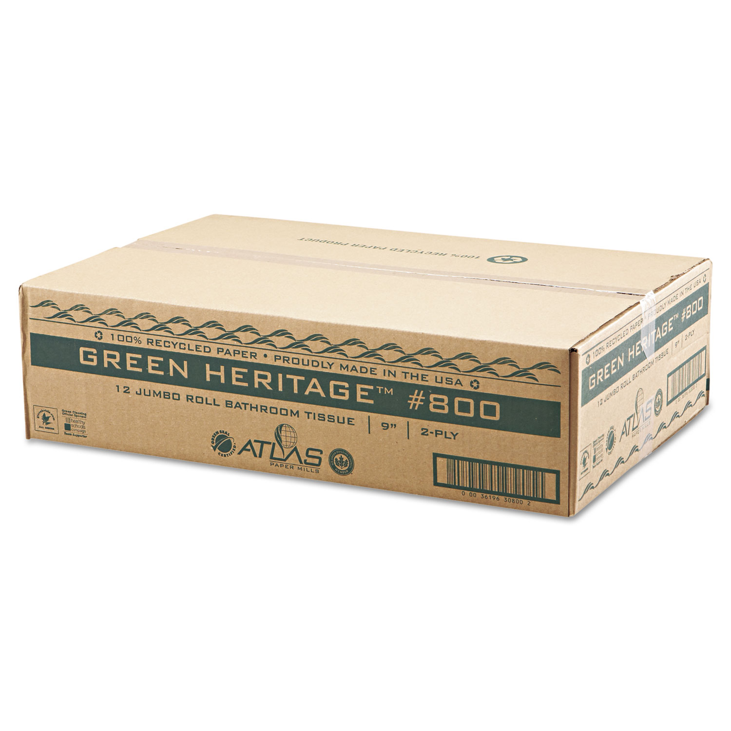 Green Heritage Jumbo Junior Roll Toilet Tissue, 2-Ply, 9 Diameter, 12/Carton