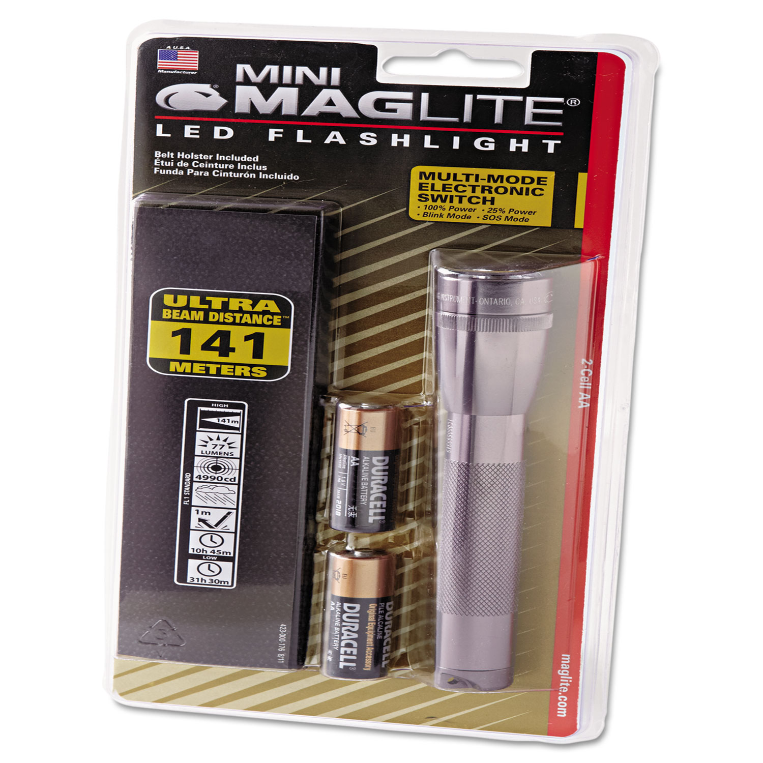 Mini Maglite LED Flashlight, 2AA, Gray, Holster Pack