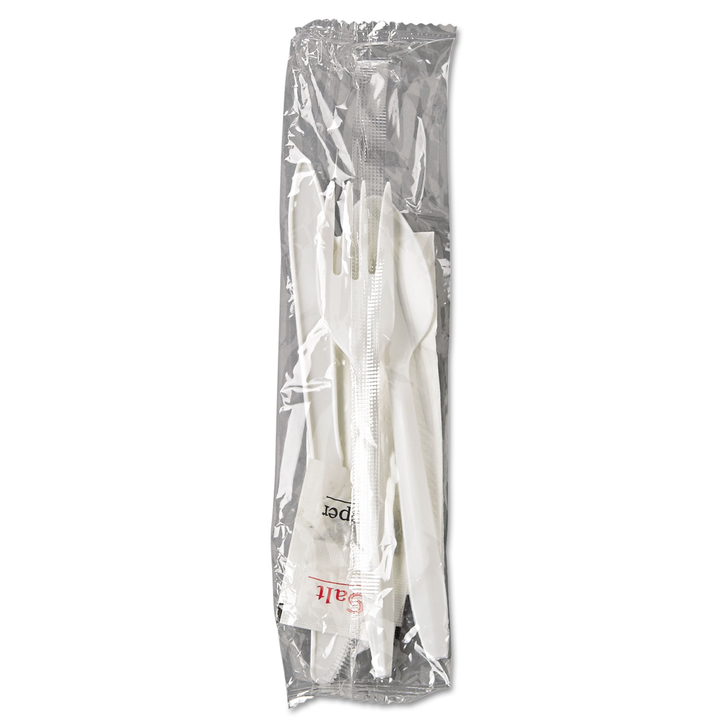Wrapped Cutlery Kit, Fork/Knife/Spoon/Napkin/Salt/Pepper, White, 250/Carton