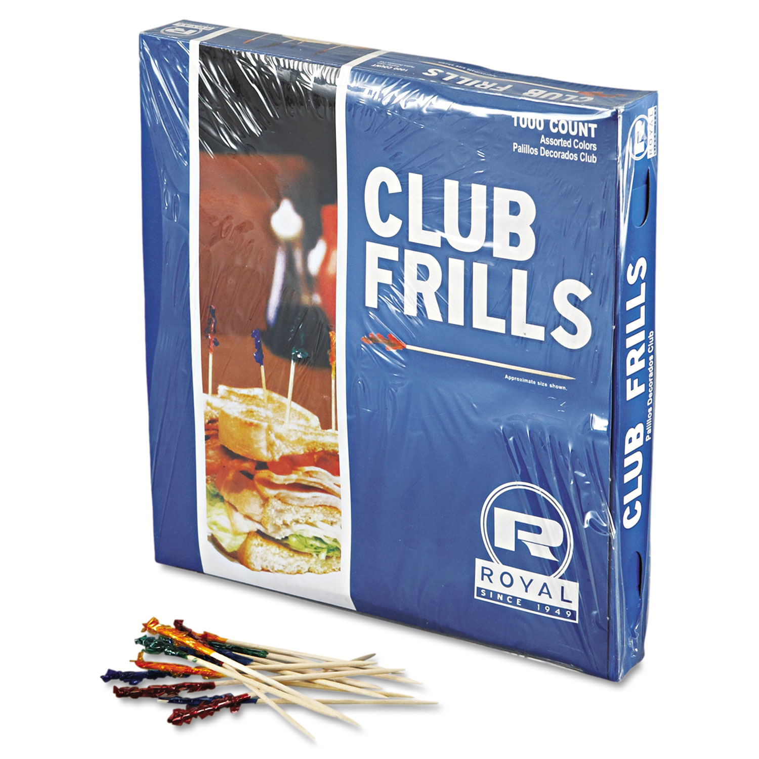 Club Cellophane-Frill Wood Picks, 4, Assorted, 10000/Carton