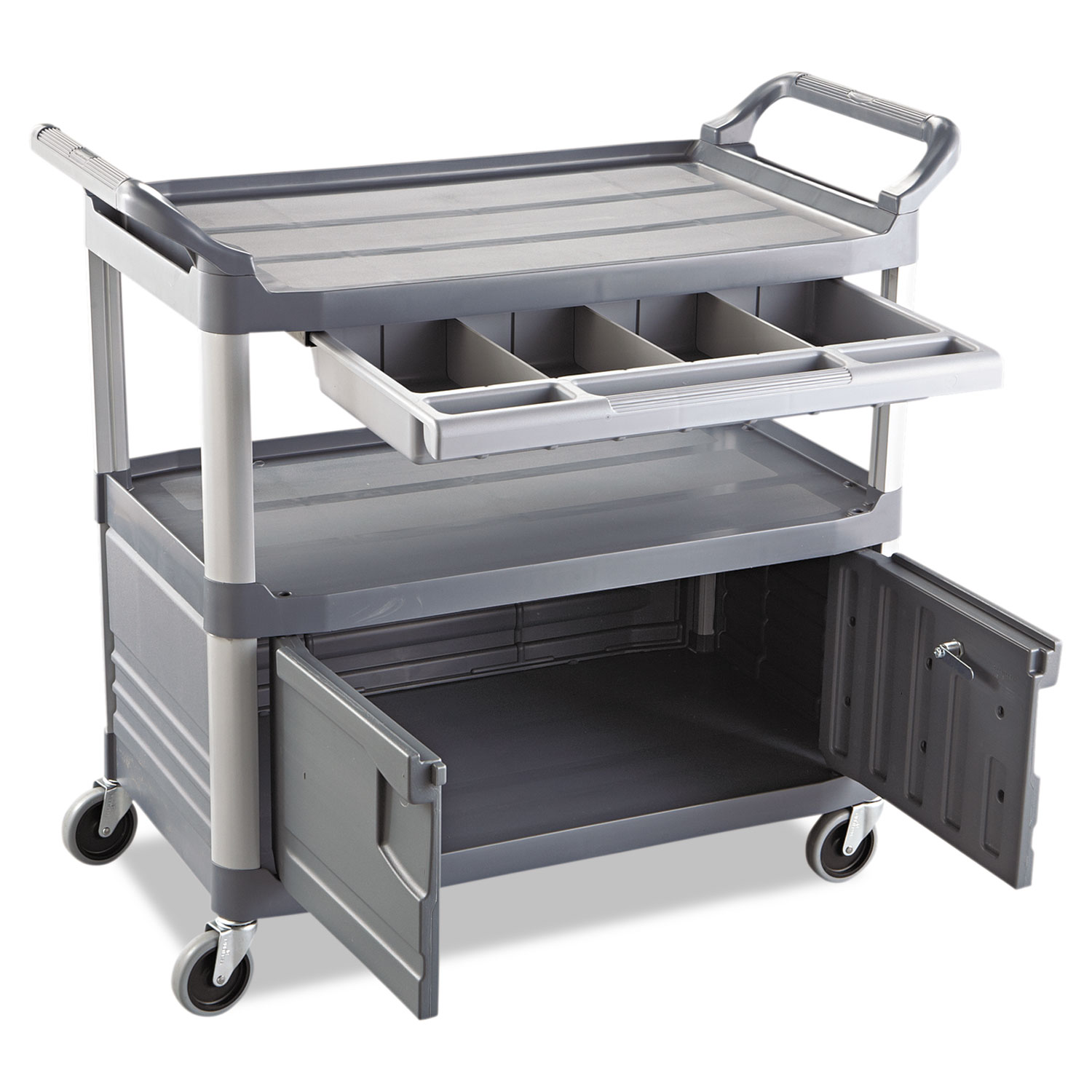 Xtra Utility Cart with Enclosed Sides and Back, Plastic, 3 Shelves, 300 lb  Capacity, 20 x 40.63 x 37.8, Black - Utility Carts
