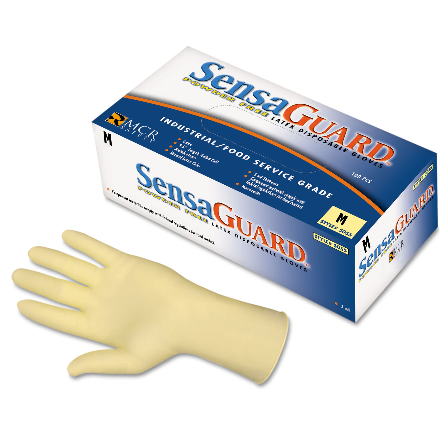  MCR Safety 5055M Disposable Latex Gloves, Medium, 5 mil, Powder-Free, Industrial-Grade (MPG5055M) 