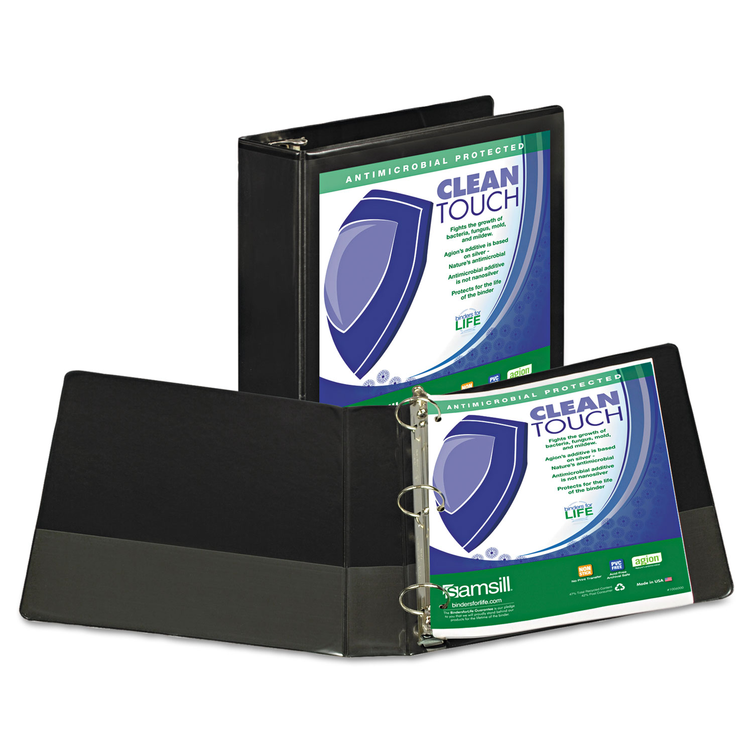 Clean Touch Locking Round Ring View Binder, Antimicrobial, 3 Cap, Black