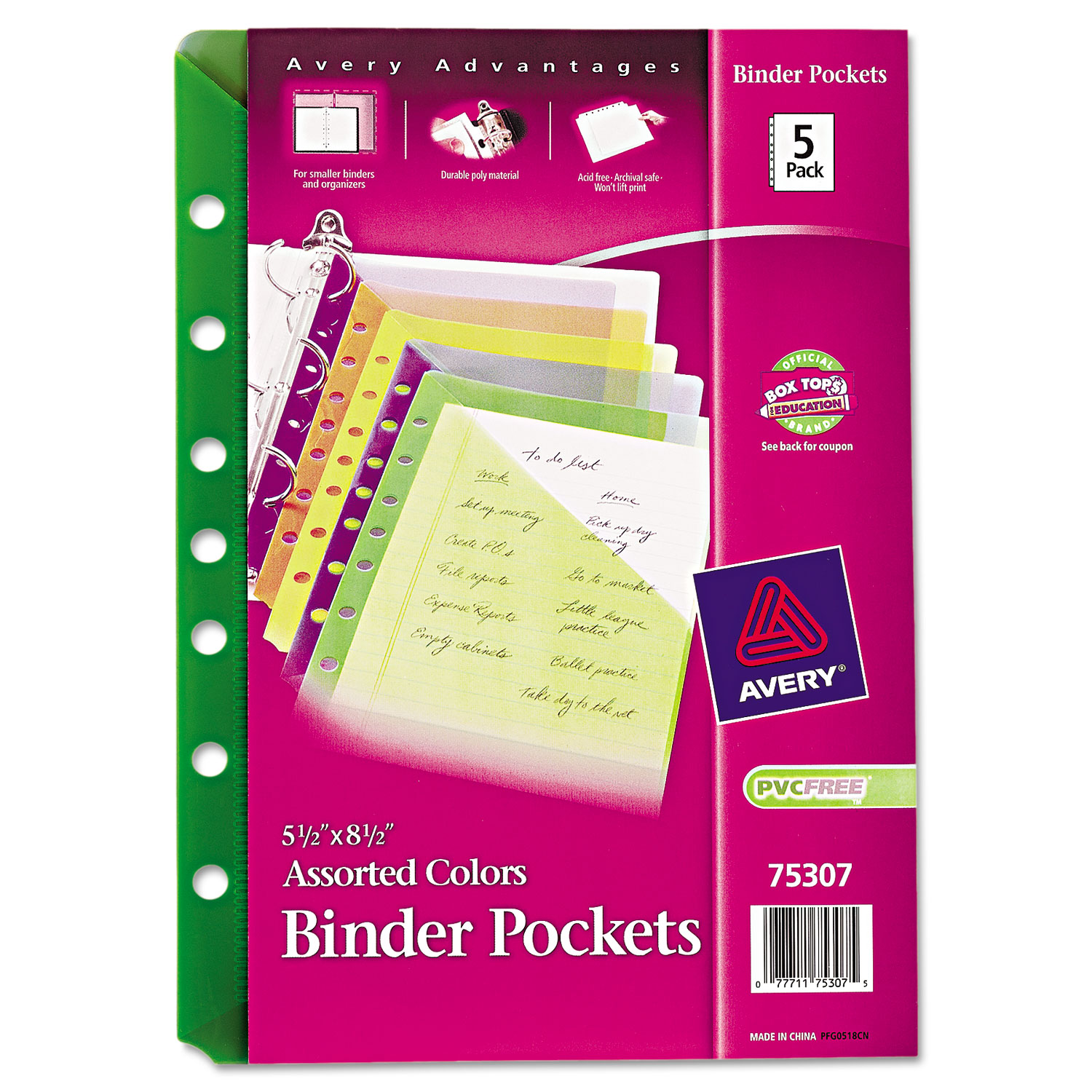  Avery 75307 Small Binder Pockets, Standard, 7-Hole Punched, Assorted, 5 1/2 x 9 1/4, 5/Pack (AVE75307) 