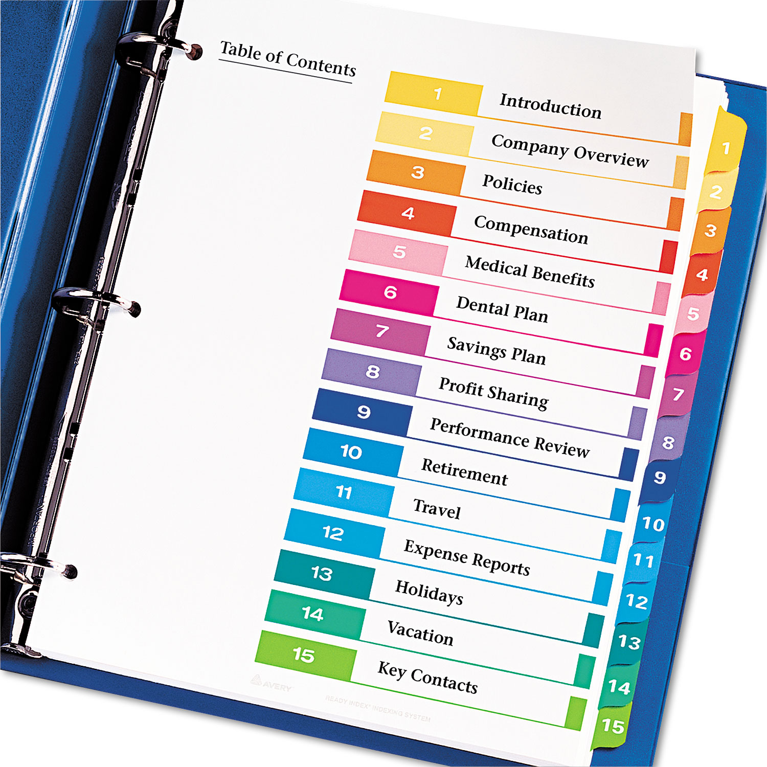 Ready Index Customizable Table of Contents Multicolor Dividers, 15-Tab, Letter