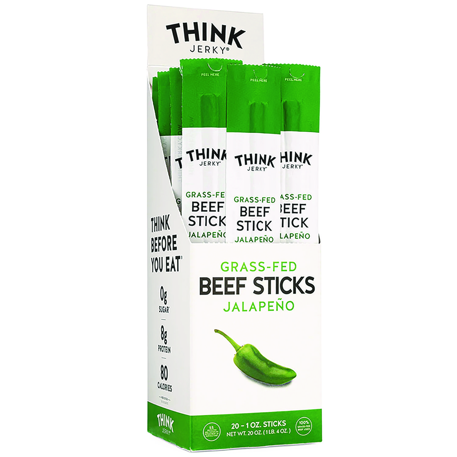 Jalapeno 100% Grass-Fed Beef Sticks, 1 oz Individually Wrapped Sticks, 20/Carton