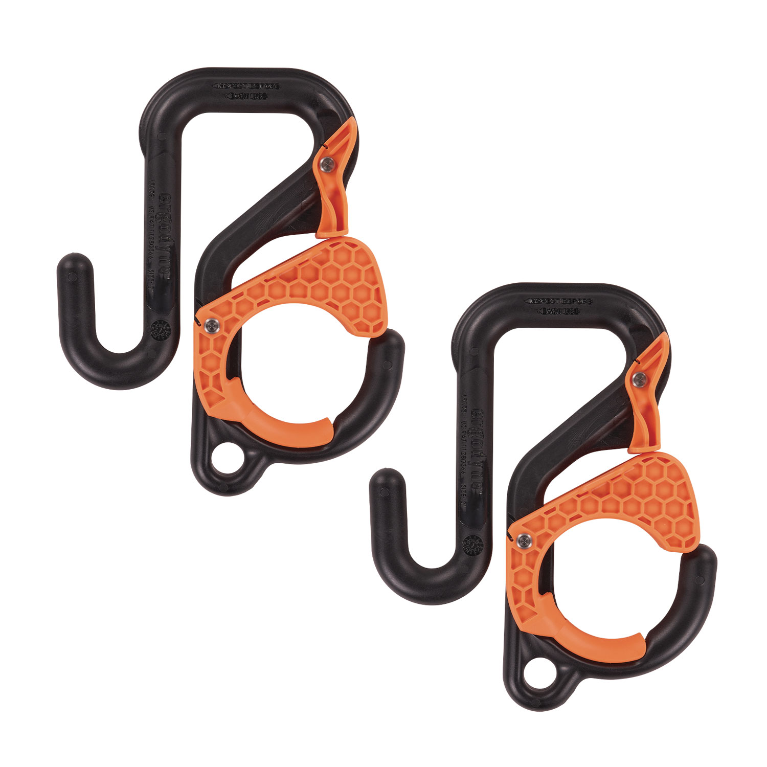 ergodyne® Squids 3178 Locking Aerial Bucket Hook, Tethering Point, 8.27 x 6.69 x 2.17, Black/Orange, Supports 40 lbs, 2/Pack