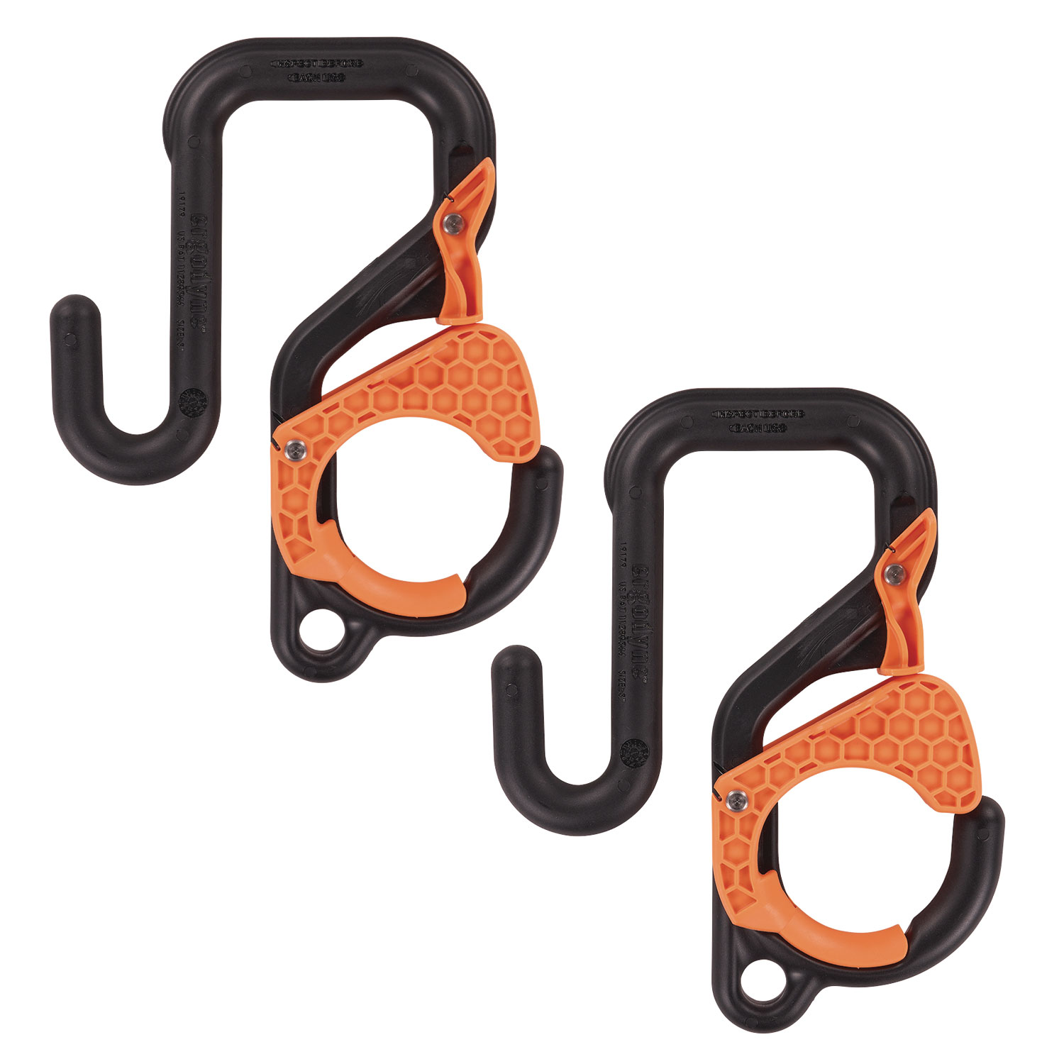 ergodyne® Squids 3178 Locking Aerial Bucket Hook, Tethering Point, 9.06 x 7.09 x 2.17, Black/Orange, Supports 40 lbs, 2/Pack