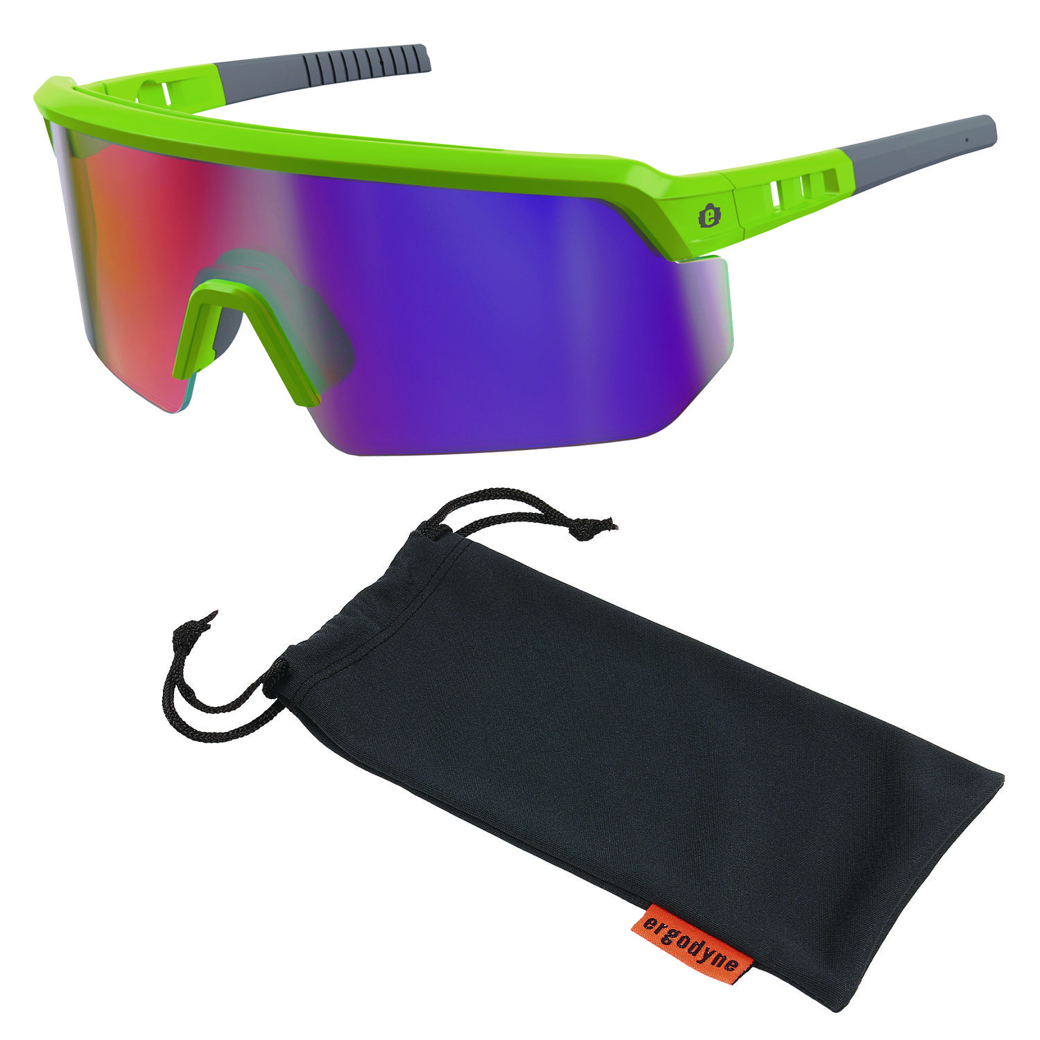 Skullerz AEGIR Safety Glasses, Mirrored Lenses, Lime Nylon Impact Frame, Purple Mirror Polycarbonate Lens