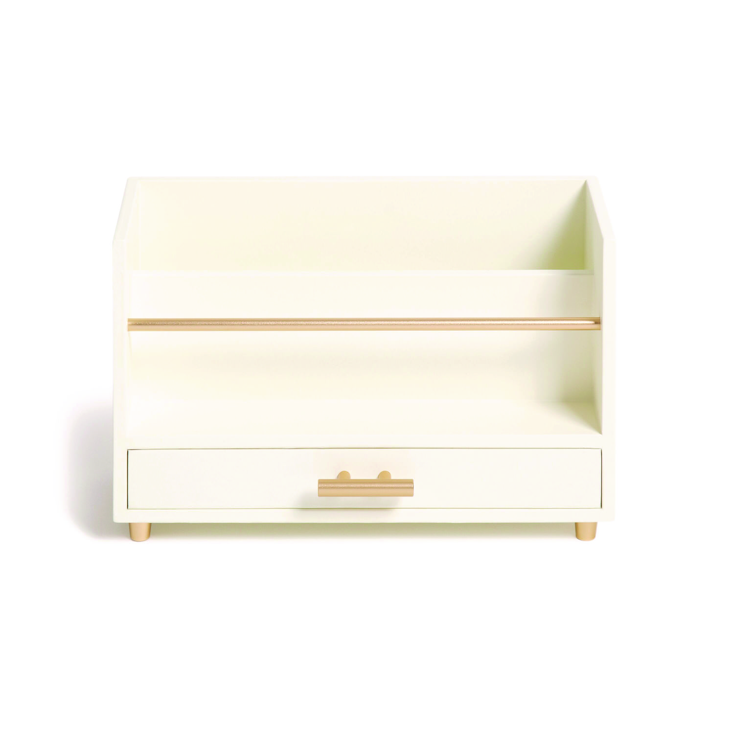 Juliet Desk Organizer, 3 Compartments, 1 Drawer, 9.5″ x 4.2″ x 4.9″, White/Gold, Wood/Metal