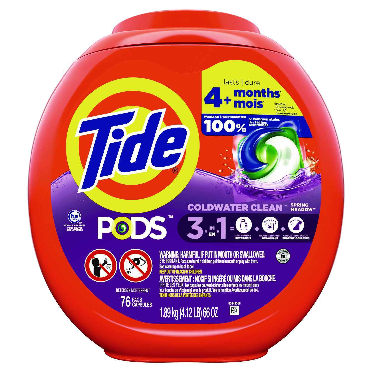 PODS Laundry Detergent, Spring Meadow, 66 oz Tub, 76 Pacs/Tub