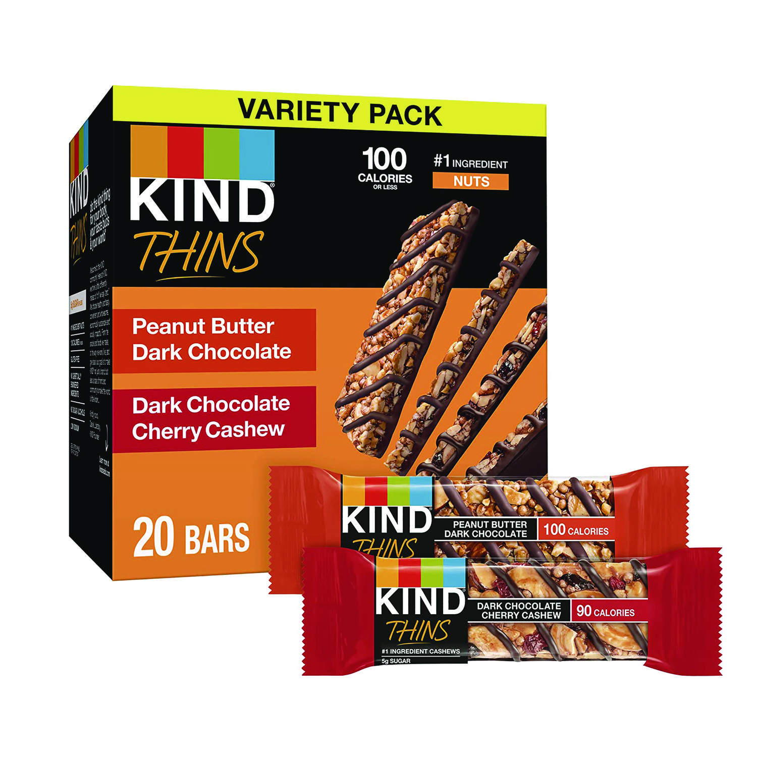 KIND Thins Bar Variety Pack, Dark Chocolate Cherry Cashew; Peanut Butter Dark Chocolate, 0.74 oz, 20/Box