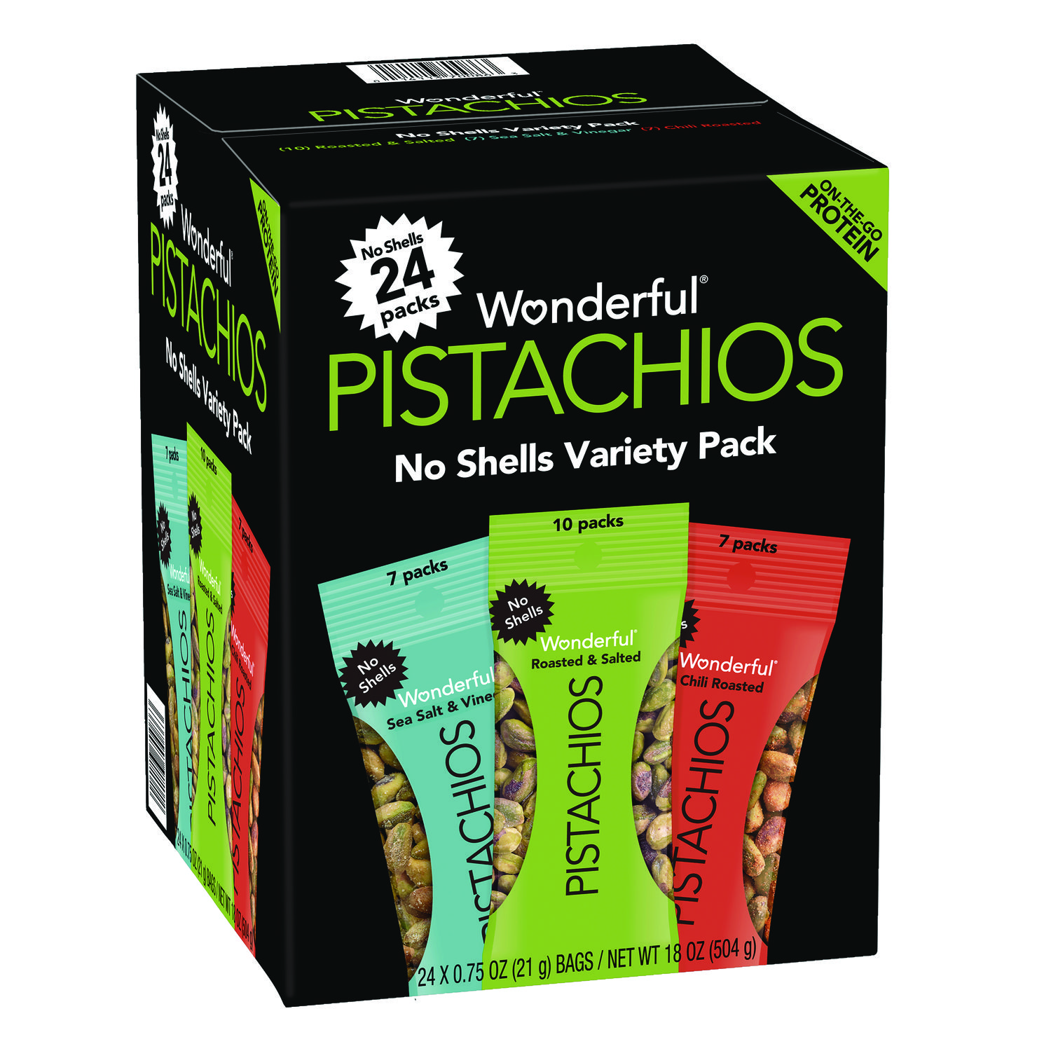 No Shells Roasted and Salted Pistachios Variety Pack, Assorted Flavors, 0.75 oz Bag, 24/Carton