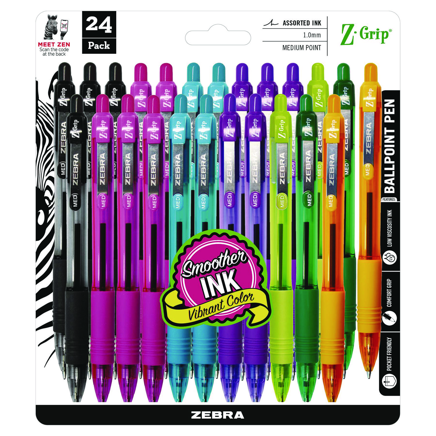 Z-Grip Ballpoint Pen, Retractable, Medium 1 mm, Assorted Artistic