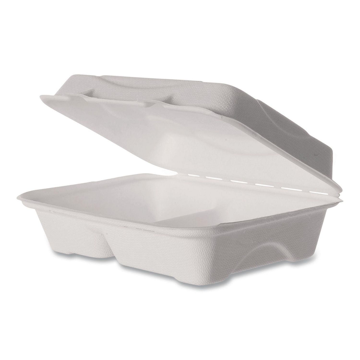 Vanguard Renewable and Compostable Sugarcane Clamshells, 3 Compartments, 9 x 6 x 3, White, 250/Carton