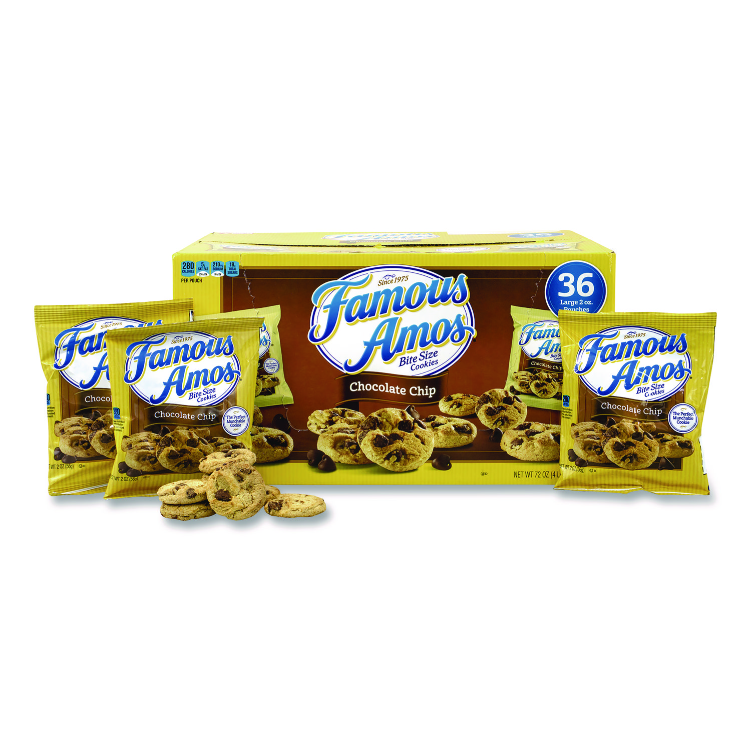 Famous Amos Cookies, Chocolate Chip, 2 oz Bag, 36/Carton