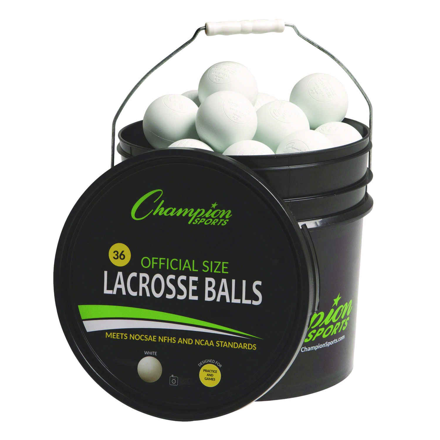 Lacrosse Balls in a Bucket, 11″ x 11″ Bucket with 36 White Rubber Balls