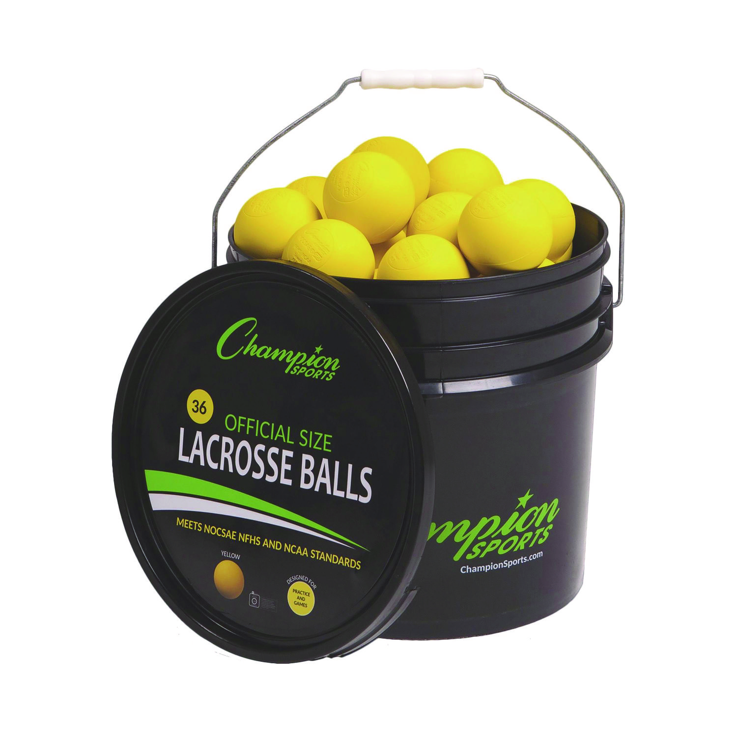 Lacrosse Balls in a Bucket, 11″ x 11″ Bucket with 36 Yellow Rubber Balls