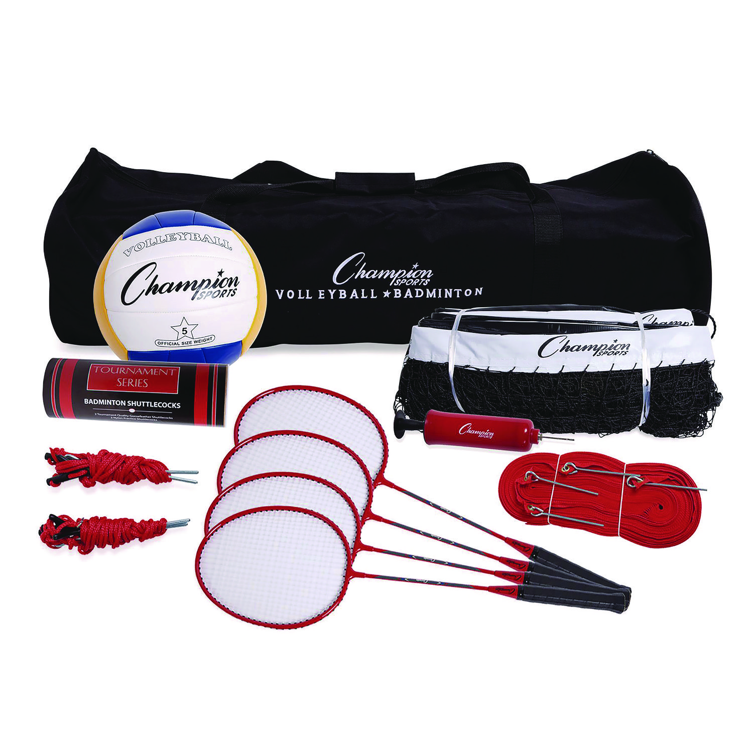 Deluxe Volleyball/Badminton Tournament Set, (4) Rackets/(2) Shuttlecocks/(2) Birdies/Net/Pump/Volleyball