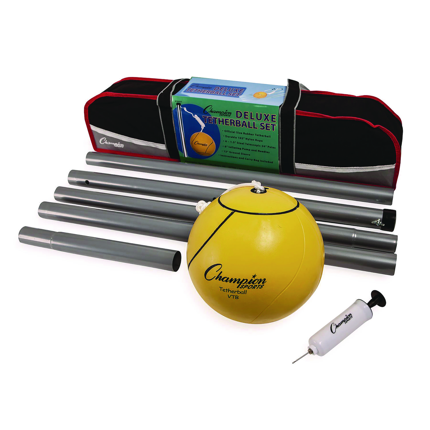 Deluxe Tether Ball Set, Tetherball/102″ Cord/(4) 24″ Telescoping Poles/Carry Bag/Pump with Needle